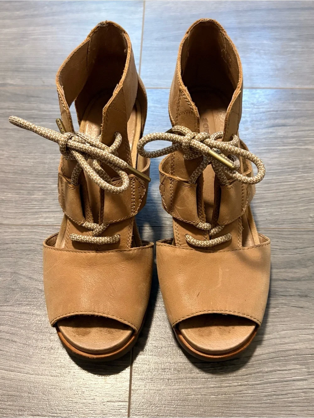 SOREL Joanie Leather Lace Up Wedge Cage Sandals
